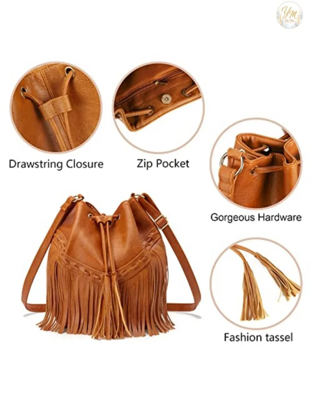 Faux Leather Bucket Bag for Women Crossbody Fringe Purse Drawstring Tassel Hobo